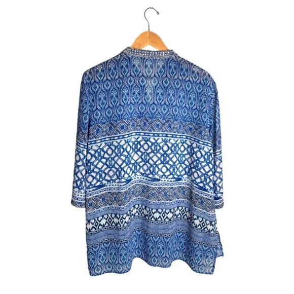 Chico’s Tunic Seaside Sheer Rhinestones Size 12P Blue White Black Blouse Beach - Picture 5 of 10